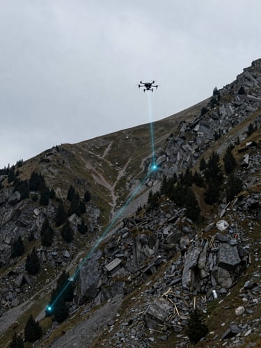 Wide overhead isometric view of photorealistic Alpine terrain, an autonomous drone formation tracked by thin cyan LiDAR point cloud traces and GPS trajectory lines, overcast European sky, cool diffuse daylight, generous negative space on the upper left