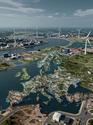 Wide overhead isometric view of procedurally generated European coastal industrial zone — photorealistic terrain with port infrastructure, wind turbines, and a river delta visible, thin cyan bounding box annotations overlaid on vehicles and structures, overcast cool daylight, no humans, deep blue-grey sky