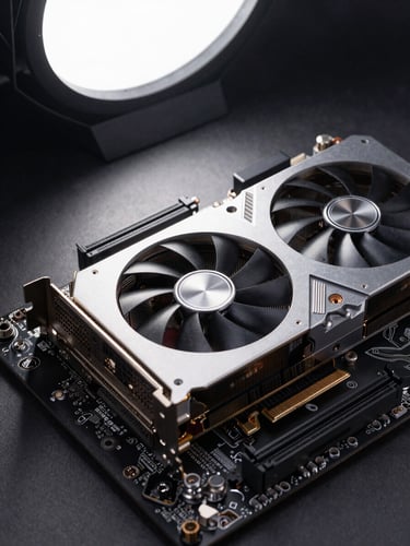 Close-up of a prosumer GPU card seated in a desktop motherboard, PCIe slot and power connectors visible, cold even studio light from above, no human hands, hardware-documentation framing