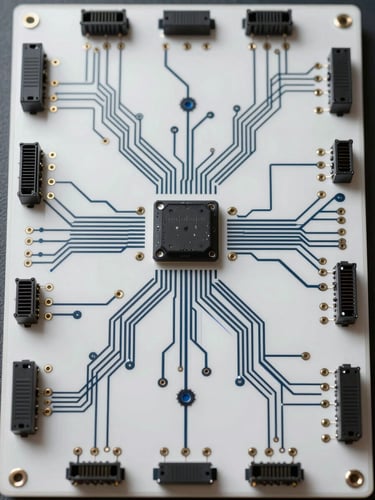 Close-up overhead crop of a network topology board, etched circuit traces and data-bus connectors under even studio lighting, no text or labels, cold white light, tight technical framing