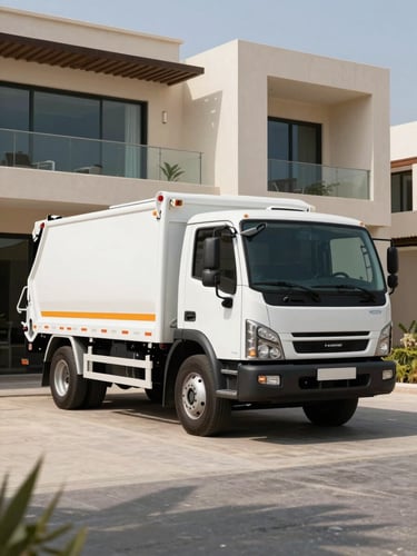 A clean, branded white removal truck parked outside a modern luxury villa in Arabian Ranches Dubai, bright desert daylight, sharp clean shadows
