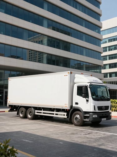 Wide-angle environmental shot of a clean, branded logistics truck parked outside a modern commercial office block in Dubai, bright daylight, sharp shadows.