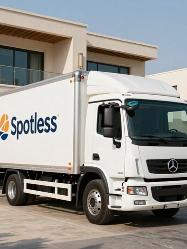 Spotless white branded transport truck parked outside a modern luxury villa in Arabian Ranches Dubai, bright desert daylight, clean shadows