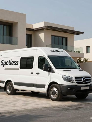 Spotless white branded transport vehicle parked outside a contemporary luxury Dubai villa in Arabian Ranches under crisp, high-contrast desert daylight, clean shadows.