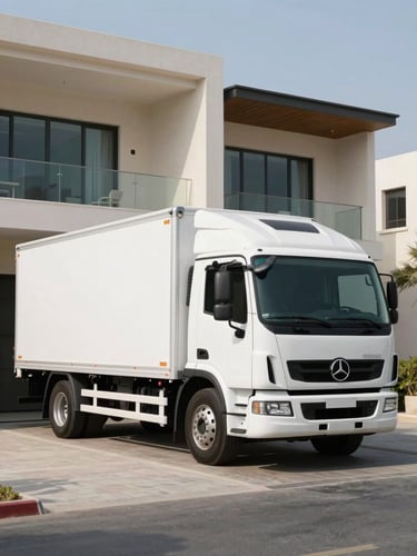 A spotless, branded white truck parked outside a modern Dubai villa in Arabian Ranches under bright, clean daylight.