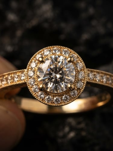 Extreme macro shot of a hand-finished gold ring catching warm studio light, highlighting the delicate metallic reflections and gemstone facets, dark obsidian background, 85mm lens