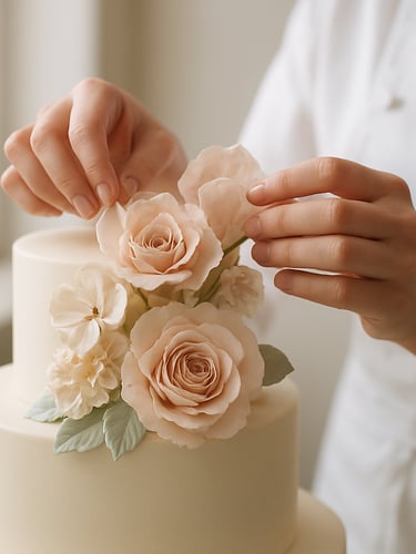 Close-up of a pastry chef's hands delicately decorating a wedding cake with intricate sugar flowers, soft natural light from a window, muted pastel tones, shallow depth of field, 35mm