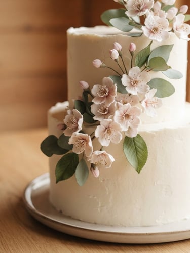Um bolo de casamento elegante e minimalista decorado com flores de cerejeira comestíveis e folhas verdes-sálvia, em um fundo de madeira clara, iluminação natural suave, foco no detalhe das flores.