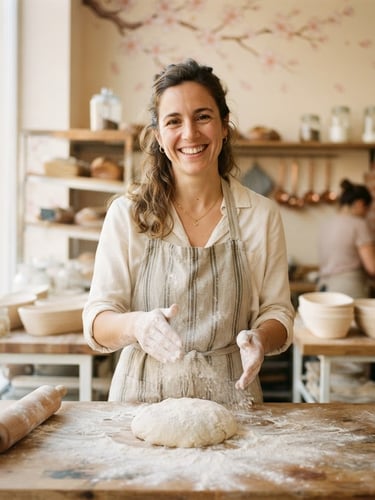 Portrait of Ana, the baker, smiling warmly in her sunlit artisanal bakery kitchen, hands gently dusting flour on a wooden counter, with subtle sakura blossom illustrations in the background, soft natural window light, muted pastel tones, shallow depth of field, 35mm.