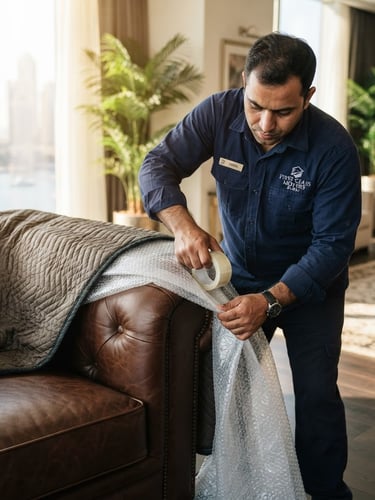 A close-up photograph of a uniformed professional mover in a deep navy shirt, meticulously wrapping a luxury Italian leather sofa with thick protective layers under bright, warm Dubai sunlight in an upscale apartment.