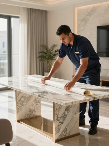 A professional moving specialist in a clean navy uniform carefully wrapping a high-value marble tabletop with protective materials inside an upscale Dubai residence, bright natural sunlight.
