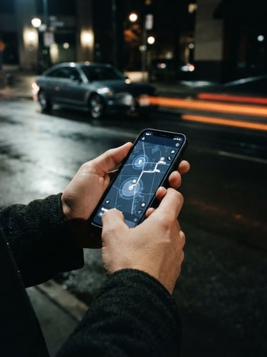 Close-up of hands holding a smartphone displaying a high-fidelity tracking app interface with a map, a modern car parked on a wet urban street at night with glowing orange light trails in the background, dramatic low-key lighting, 35mm
