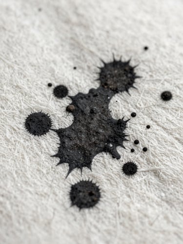 Macro close-up of dark ink bleeding into highly textured, heavy-grain cotton paper, showcasing organic fiber absorption under sharp directional light.