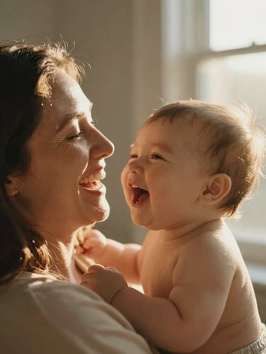 Close-up of a mother laughing with her baby, soft golden hour sunlight filtering through a window, warm editorial photography, shallow depth of field, 35mm film aesthetic