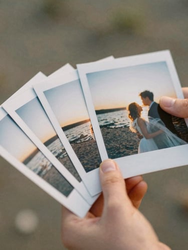 Intimate warm editorial photograph of hands holding a set of printed photos, soft golden hour daylight, shallow depth of field, 35mm film aesthetic
