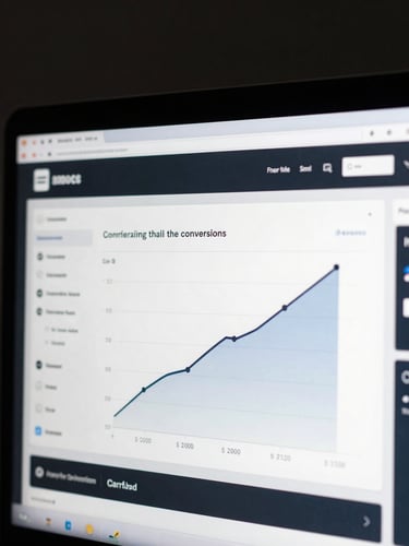 Macro shot of a clean e-commerce dashboard showing rising conversion rate metrics, cool sharp studio lighting, high contrast, dark mode interface.