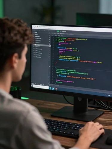 Tight over-the-shoulder view of an e-commerce engineer analyzing code and Stripe conversion metrics on a high-resolution screen, dark studio atmosphere, sharp green accents.