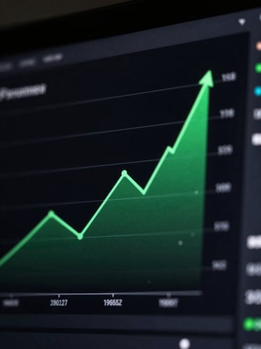 A sharp, high-contrast macro shot of a Shopify performance dashboard on a dark screen, cool green indicator lines showing upward revenue trends, minimalist dark environment.