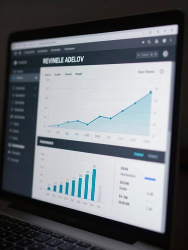 Macro shot of a clean e-commerce dashboard showing rising revenue metrics and conversion rates, cool sharp studio lighting, high contrast, dark mode interface