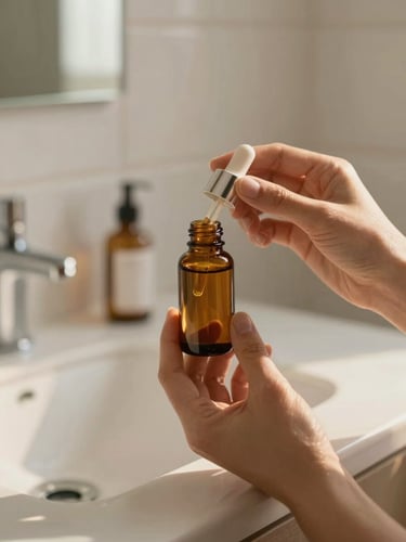 Close-up of a woman's hands holding a skincare serum bottle near a sunlit bathroom counter, amber glass catching warm golden light, white tiles softly blurred behind