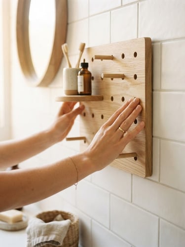 bright lifestyle photography, soft morning daylight, hands effortlessly pressing the Japandi-style wooden pegboard onto a clean white bathroom tile wall, 50mm lens, warm neutral tones