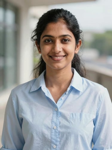 A professional, friendly headshot of Gowshika, a female IT developer, in bright natural daylight, clean blue and white tones, shallow depth of field, 50mm