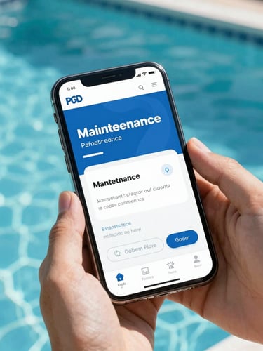 Clean smartphone mockup displaying professional pool maintenance PDF report, hands of a technician holding the phone, bright midday sunlight, clear turquoise pool water in background