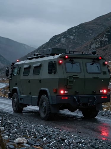 Cinematic wide shot of a low-profile armored transport vehicle moving through a remote mountain pass at dusk, cool desaturated tones, tactical red tail-lights reflecting on wet gravel.