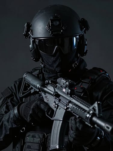 Low-key dramatic portrait of a focused tactical operator in non-identifiable gear, deep shadows, cool desaturated tones, sharp details, 35mm lens.
