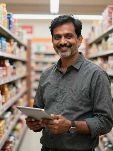 A medium portrait shot of a smiling Indian grocery store owner standing proudly in a brightly lit retail aisle, holding a digital tablet, shelves fully stocked with colorful goods in soft focus behind him.