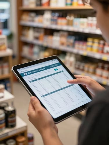 Vibrant close-up of a local business owner reviewing a clear financial spreadsheet on a tablet inside a bustling retail shop, natural bright daylight.