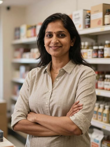 A medium portrait of a confident Indian retail store owner standing in his brightly lit, organized shop, smiling, natural daylight.