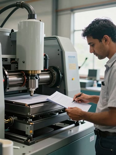 A medium shot of an active Indian plastics factory floor, bright natural daylight, a focused supervisor analyzing a production log next to high-precision molding machinery.