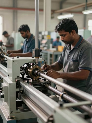 Medium shot of an active Indian manufacturing floor, bright natural daylight, structured steel machinery, focused workers in the background, sharp composition emphasizing operational flow