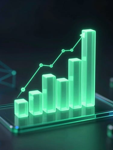 Macro 3D render of glowing neon green charts and volumetric data bars rising from a dark glass surface, dark ambient studio lighting