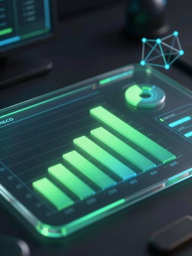Sleek 3D render of glassmorphic analytics dashboard, glowing green charts, dark ambient studio lighting, macro lens