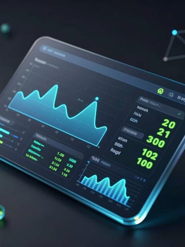 Sleek 3D render of a dark glassmorphic analytics dashboard, glowing electric blue charts and neon green metrics, macro lens focus, dark studio background.
