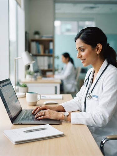 A bright office setting where a doctor in a white coat works smoothly on a fast laptop, natural window light, clean desk, professional 35mm photography