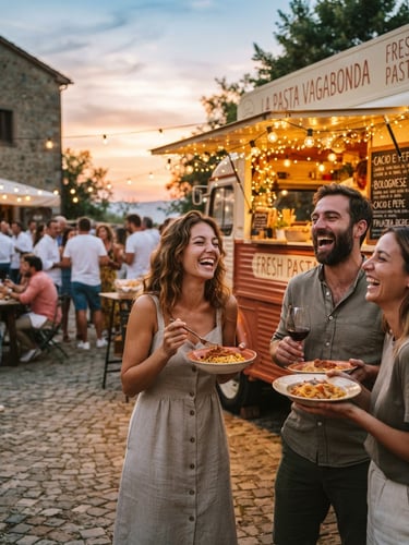 A vintage food truck illuminated by warm string lights at sunset, guests laughing with plates of fresh pasta, warm editorial photography, golden-hour light