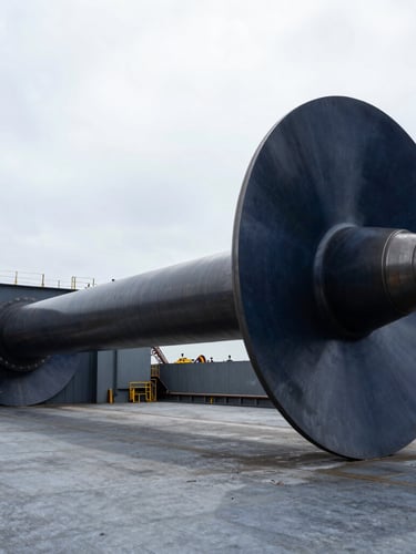 Wide-angle, high-contrast industrial shot of a massive container ship steel propeller shaft inside a dry dock, cool slate and deep navy tones, sharp industrial photography