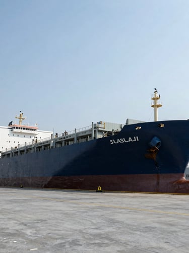 Wide-angle environmental shot of a massive commercial cargo vessel in dry dock, high-contrast industrial daylight, cool slate and deep navy tones.