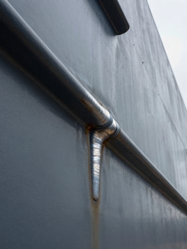 Extreme close-up of structural steel welds on a ship hull, high-contrast industrial daylight showing the precise weld texture and cool slate gray metal tones.