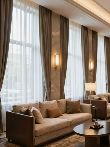 Vertical crop of a heavy ecru linen curtain drape kissing a light stone floor, natural side-light highlighting the rich textile weave and perfect pleats.