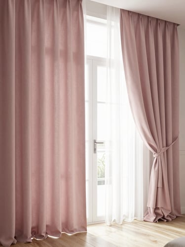 Extreme close-up of heavy linen curtain pleats hanging perfectly, natural directional side-light highlighting the rich weave texture, warm stone tones, architectural crop.