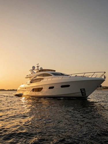 Low-angle cinematic shot of a luxury yacht cruising off Dubai Marina at golden hour, deep golden light reflecting on obsidian water, wide-angle lens, editorial style.