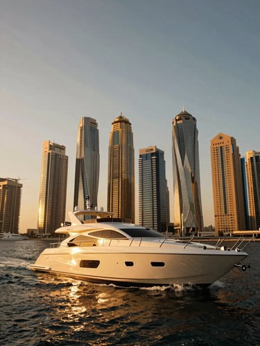 Low-angle cinematic shot of a luxury yacht sailing past the Dubai Marina skyline at golden hour, warm high-contrast tones.