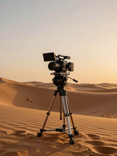 An editorial portrait of a camera setup on a high-end film set in the Dubai desert, golden sand dunes in the background under warm twilight sky.