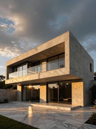 Wide-angle architectural photography of a modern luxury concrete and glass villa at golden hour, deep shadows, warm champagne gold lighting reflecting off premium marble surfaces, dramatic sky.