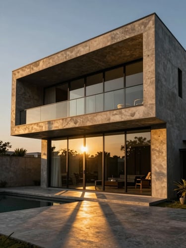 Dramatic golden-hour architectural photography of a modern luxury villa in Barwani, sharp geometric concrete lines, expansive glass facade, long shadows, rich gold and charcoal tones.