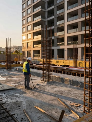 A professional civil engineer supervising a concrete pour at a modern luxury residential construction site, dramatic golden-hour sunlight, focus on steel reinforcement